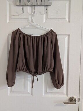 Wilfred Aritzia Brown Off the Shoulder Cropped Blouse Long Sleeve Top Boho   S